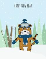 tiger in a hat and scarf with skis on the background of snow and Christmas trees vector