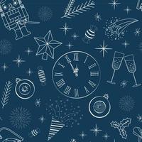 seamless pattern on blue background nutcracker clock champagne white outline vector