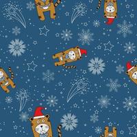 seamless tiger pattern on a blue background with snowflakes and stars with a gift in his paws vector