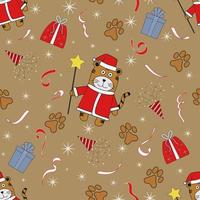 seamless pattern with a tiger in a Santa costume on a cream background with snowflakes and gifts vector