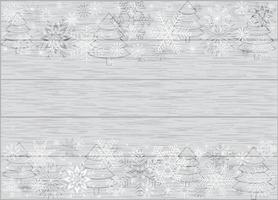 frame of white snowflakes and Christmas trees on a gray background with a wooden texture vector