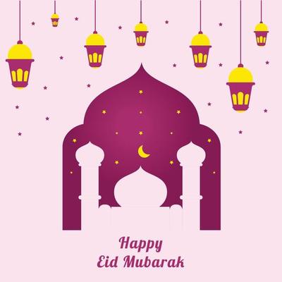 silhouette mosque eid mubarak illustration, eid mubarak poster with frame and hanging lanterns, happy eid mubarak celebrate illustration vector