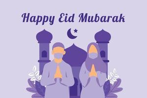 Eid adha mubarak greeting with couple wearing mask for covid 19 illustration vector