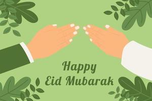 happy eid mubarak greeting concept illustration vector, happy muslim people celebrate eid mubarak by shaking hands. vector