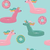 Summer seamless pattern with donuts and swimming unicorn floats vector