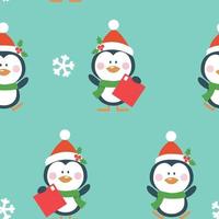 Seamless Christmas pattern with snowflakes and penguins on blue background vector