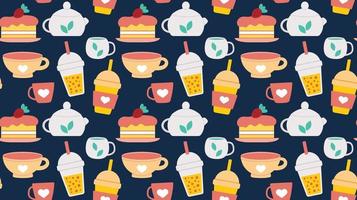 Seamless repeating pattern with drinks and desserts for cafe menu. Print for a shop with tea and coffee and a hot drink. Vector illustration.