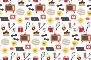 Seamless repeating pattern with cozy household items. Morning and evening routine. Vector illustration.