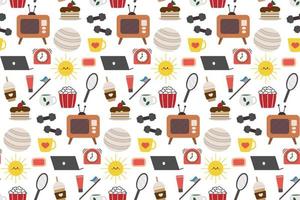 Seamless repeating pattern with cozy household items. Morning and evening routine. Vector illustration.