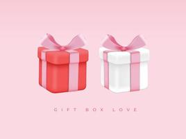 gifts box love. Realistic red and white gifts boxes. Holiday banner, web poster, flyer, stylish brochure, greeting card, cover. Romantic background vector