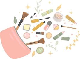 Cosmetic bag with various cosmetics products. A set of cosmetics for the face. Decorative cosmetics. vector