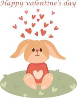 A loving rabbit sits in a meadow. Hearts around the rabbit. Valentine's day card. vector