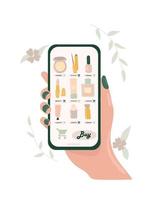 Online shopping in the online cosmetics store. Phone in hand. Ordering cosmetics online. vector