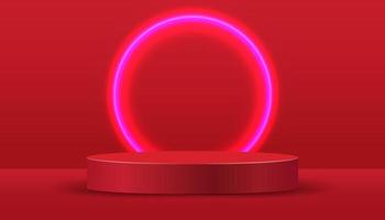 Abstract red cylinder pedestal podium. Red abstract room concept with circle glowing neon lighting. vector