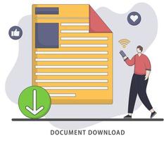 Vector illustration document downloads flat design concept. Document icon and desktop PC. Downloading files concepts, graphic elements for web banners, websites, infographics.