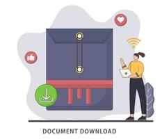 Vector illustration document downloads flat design concept. Document icon and desktop PC. Downloading files concepts, graphic elements for web banners, websites, infographics.