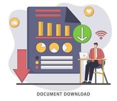 Vector illustration document downloads flat design concept. Document icon and desktop PC. Downloading files concepts, graphic elements for web banners, websites, infographics.