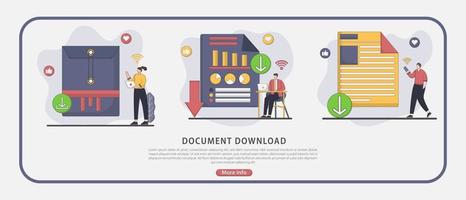 Vector illustration document downloads flat design concept. Document icon and desktop PC. Downloading files concepts, graphic elements for web banners, websites, infographics.