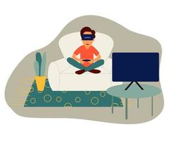 A young man plays with a console, TV. vector