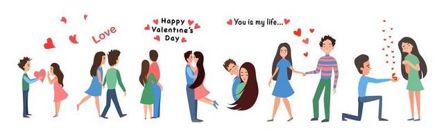 Set Lovers are romantic couples walking together or hugging couples. A man proposes to a girl. Valentine is day, hearts. vector