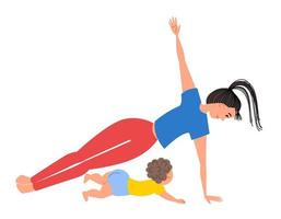 Mom and son do yoga, do a side plank pose on one arm and leg. vector