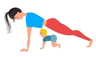 Mom and son do yoga, do the plank pose on straight arms. vector