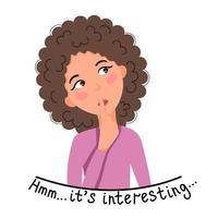 Vector illustration of a light-skinned curly-haired girl who thinks while holding her finger to her lips.