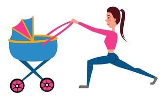 Training with a baby stroller. A girl does sports exercises with her baby. vector