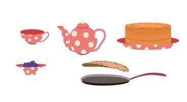 Tea set with jam and pancakes. Shrovetide week. Breakfast on Shirokaya Shrovetide. vector