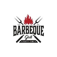 Vintage Barbeque Grill with crossed fork and fire flame Logo design