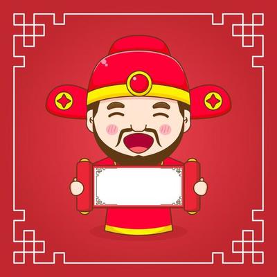 Cute God of wealth cartoon character. Chinese ornament frame