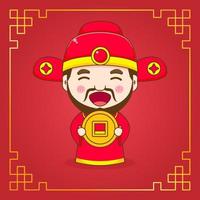 Cute God of wealth cartoon character. Chinese ornament frame vector