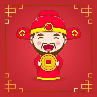 Cute God of wealth cartoon character. Chinese ornament frame