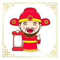 Cute God of wealth cartoon character. Chinese ornament frame vector