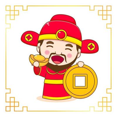 Cute God of wealth cartoon character. Chinese ornament frame