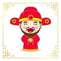 Cute God of wealth cartoon character. Chinese ornament frame vector