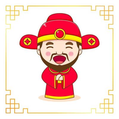 Cute God of wealth cartoon character. Chinese ornament frame