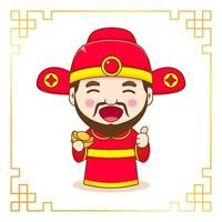 Cute God of wealth cartoon character. Chinese ornament frame vector