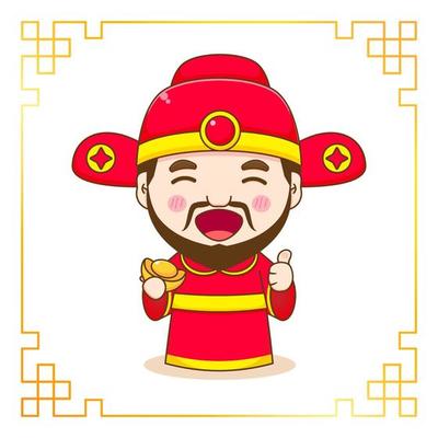 Cute God of wealth cartoon character. Chinese ornament frame