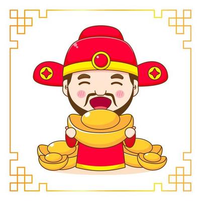 Cute God of wealth cartoon character. Chinese ornament frame