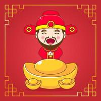 Cute God of wealth cartoon character. Chinese ornament frame vector