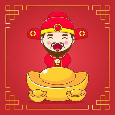 Cute God of wealth cartoon character. Chinese ornament frame