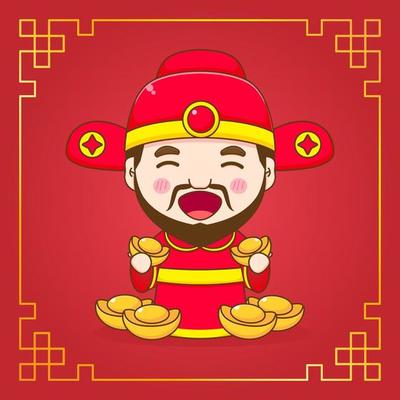 Cute God of wealth cartoon character. Chinese ornament frame