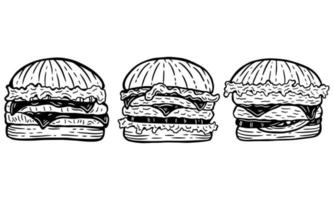 establecer hamburguesas dibujadas a mano queso freír pollo comida rápida embalaje menú café restaurantes ilustración vector