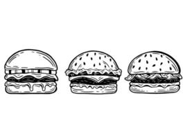 establecer hamburguesas dibujadas a mano queso freír pollo comida rápida embalaje menú café restaurantes ilustración vector