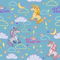 Seamless pattern of cute magical unicorns on the sky with colorful clouds and stars. vector