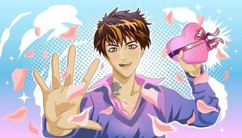 Young man gives a gift in the shape of a heart with flower petals. Illustration in the style of manga and anime. vector