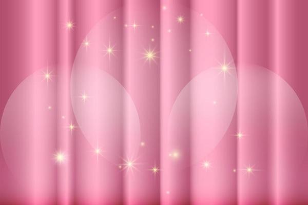 Pink background, stage with pink curtain, spotlight and stars.