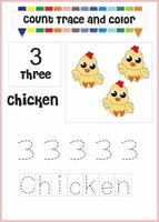 number trace and color chicken number 3 vector