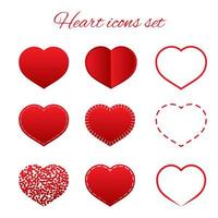 Set of nine red hearts flat icon isolated on white background. Valentine s day vector collection. Love story symbol. Health medical theme. Easy to edit design template